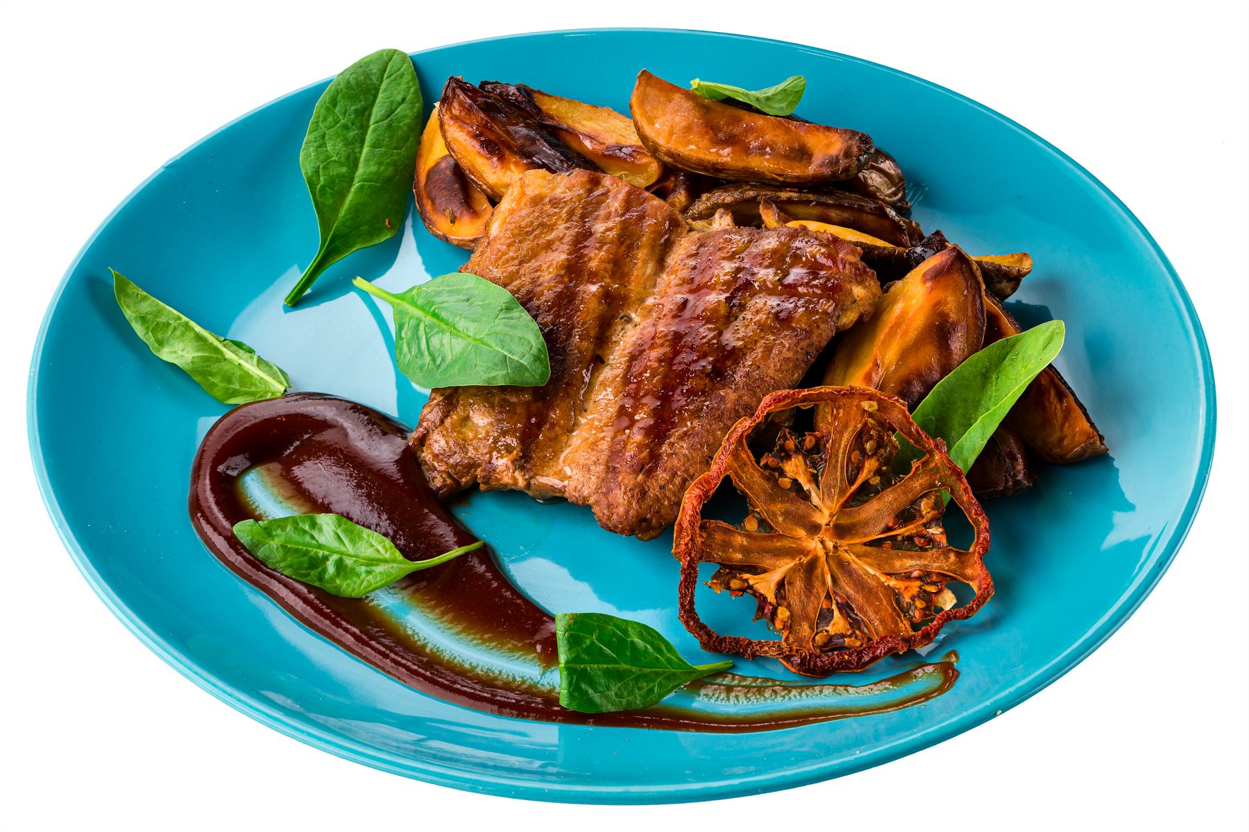 Стейк из свинины с соусом барбекю и печеным картофелем